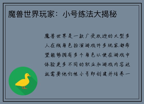 魔兽世界玩家：小号练法大揭秘